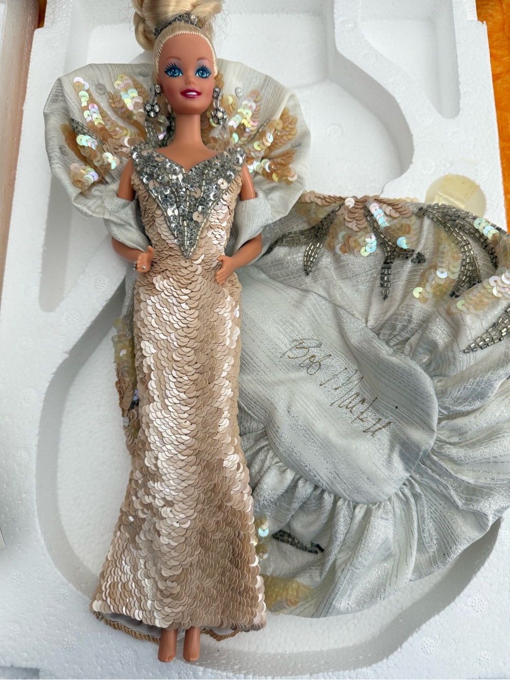 PLATINUM BARBIE DOLL BY BOB MACKIE signed gown in shipper box